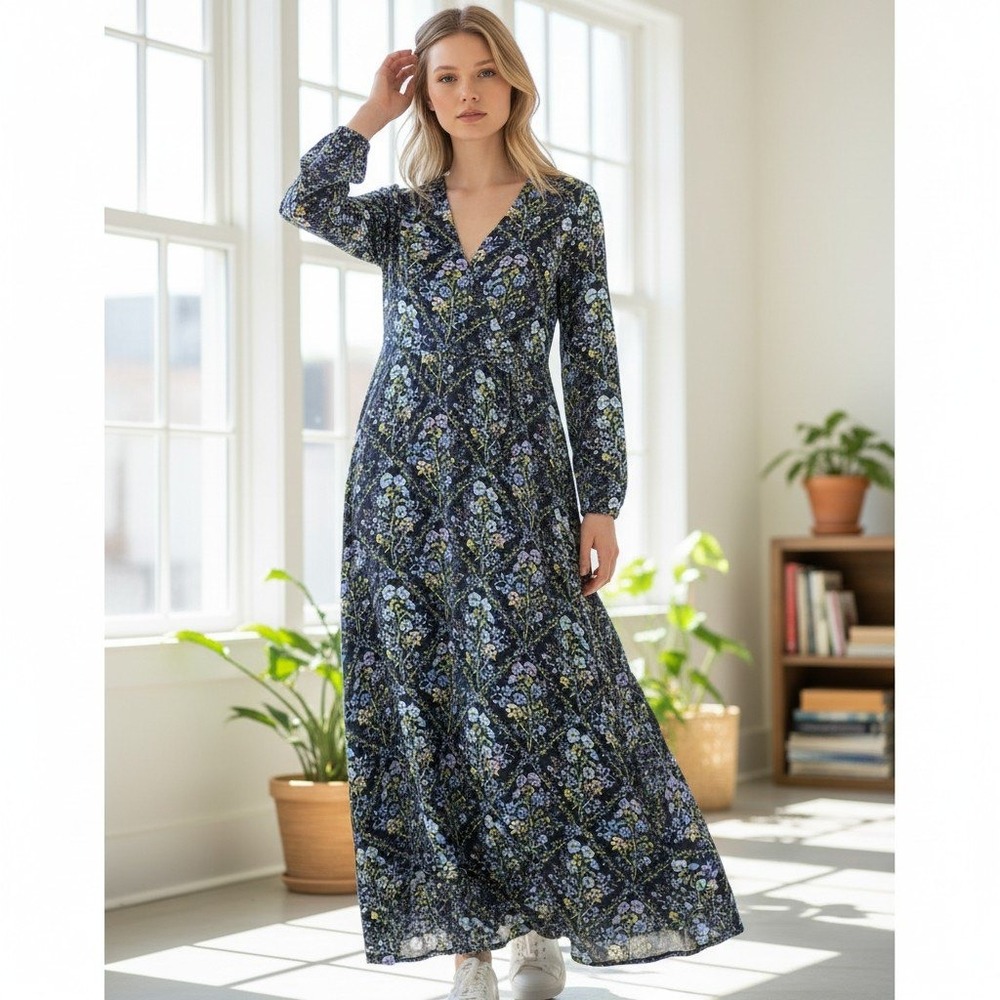 Roper Maxi Dress Womens S Blue Floral Chiffon V-Neck Long Sleeve Sheer New